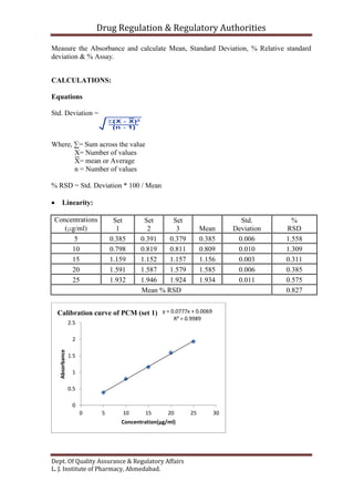 Drug Regulation & Regulatory Authorities
Dept. Of Quality Assurance & Regulatory Affairs
L. J. Institute of Pharmacy, Ahmedabad.
Measure the Absorbance and calculate Mean, Standard Deviation, % Relative standard
deviation & % Assay.
CALCULATIONS:
Equations
Std. Deviation =
Where, ∑= Sum across the value
X= Number of values
X= mean or Average
n = Number of values
% RSD = Std. Deviation * 100 / Mean
 Linearity:
Concentrations
(µg/ml)
Set
1
Set
2
Set
3 Mean
Std.
Deviation
%
RSD
5 0.385 0.391 0.379 0.385 0.006 1.558
10 0.798 0.819 0.811 0.809 0.010 1.309
15 1.159 1.152 1.157 1.156 0.003 0.311
20 1.591 1.587 1.579 1.585 0.006 0.385
25 1.932 1.946 1.924 1.934 0.011 0.575
Mean % RSD 0.827
y = 0.0777x + 0.0069
R² = 0.9989
0
0.5
1
1.5
2
2.5
0 5 10 15 20 25 30
Absorbance
Concentration(µg/ml)
Calibration curve of PCM (set 1)
 