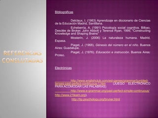Bibliográficas

           Delclaux, I. (1983) Aprendizaje en diccionario de Ciencias
de la Educación Madrid, Santillana.
           Echeberría, A. (1991) Psicología social cognitiva. Bilbao,
Desclée de Broker. John Abbott y Terence Ryan, 1999, "Constructing
Knowledge and Shaping Brains"
           Mosterín, J. (2006) La naturaleza humana. Madrid,
Espasa.
           Piaget, J. (1968). Génesis del número en el niño. Buenos
Aires: Guadalupe.
           Piaget, J. (1976). Educación e instrucción. Buenos Aires:
Proteo.



Electrónicas



           http://www.englishclub.com/esl-games/grammar/jumbled-
tenses-past-perfect-continuous-1.htm        (JUEGO ELECTRÓNICO
PARA ACOMODAR LAS PALABRAS)
           http://www.e-grammar.org/past-perfect-simple-continuous/
http://www.21learn.org).
            http://tip.psychology.org/bruner.html
 
