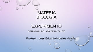MATERIA
BIOLOGIA
EXPERIMENTO
OBTENCIÓN DEL ADN DE UN FRUTO
Profesor: José Eduardo Morales Méndez
 