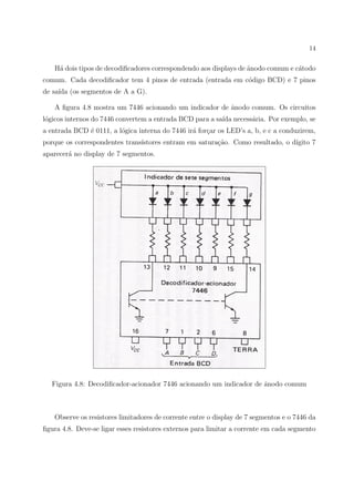 14


   H´ dois tipos de decodiﬁcadores correspondendo aos displays de anodo comum e c´todo
    a                                                             ˆ              a
comum. Cada decodiﬁcador tem 4 pinos de entrada (entrada em c´digo BCD) e 7 pinos
                                                             o
de sa´ (os segmentos de A a G).
     ıda

   A ﬁgura 4.8 mostra um 7446 acionando um indicador de ˆnodo comum. Os circuitos
                                                        a
l´gicos internos do 7446 convertem a entrada BCD para a sa´ necess´ria. Por exemplo, se
 o                                                        ıda     a
a entrada BCD ´ 0111, a l´gica interna do 7446 ir´ for¸ar os LED’s a, b, e c a conduzirem,
              e          o                       a c
porque os correspondentes trans´
                               ıstores entram em satura¸ao. Como resultado, o d´
                                                       c˜                      ıgito 7
aparecer´ no display de 7 segmentos.
        a




   Figura 4.8: Decodiﬁcador-acionador 7446 acionando um indicador de ˆnodo comum
                                                                     a



   Observe os resistores limitadores de corrente entre o display de 7 segmentos e o 7446 da
ﬁgura 4.8. Deve-se ligar esses resistores externos para limitar a corrente em cada segmento
 