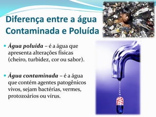 Diferença entre a água
Contaminada e Poluída
 Água poluída – é a água que
 apresenta alterações físicas
 (cheiro, turbidez, cor ou sabor).

 Água contaminada – é a água
 que contém agentes patogênicos
 vivos, sejam bactérias, vermes,
 protozoários ou vírus.
 