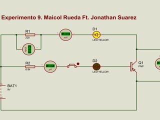 Experimento 9. Maicol Rueda Ft. Jonathan Suarez
D1

R1

-30.0
mA

220

LED-YELLOW

+6.61

Volts

R2
6.8k

D2
µA

LED-YELLOW

BAT1
9V

-0

PNP

-877

Q1

V

 