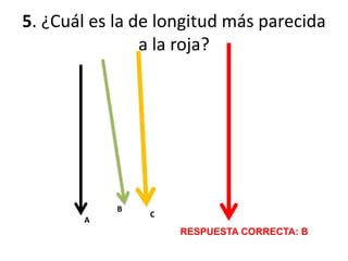 5. ¿Cuál es la de longitud más parecida
a la roja?
A
B
C
RESPUESTA CORRECTA: B
 