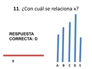 11. ¿Con cuál se relaciona x?
X
A B C D E
RESPUESTA
CORRECTA: D
 