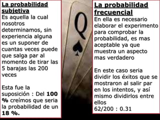 La probabilidad         La probabilidad
subjetiva               frecuencial
Es aquella la cual      En ella es necesario
nosotros                elaborar el experimento
determinamos, sin       para comprobar la
experiencia alguna      probabilidad, es mas
es un suponer de        aceptable ya que
cuantas veces puede     muestra un aspecto
que salga par al        mas verdadero
momento de tirar las
5 barajas las 200       En este caso seria
veces                   dividir los éxitos que se
                        mostraron al salir par
Esta fue la             en los intentos, y así
suposición : Del 100    mismo dividirlos entre
% creímos que seria     ellos
la probabilidad de un   62/200 : 0.31
18 %.
 