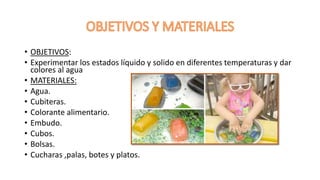 • OBJETIVOS:
• Experimentar los estados líquido y solido en diferentes temperaturas y dar
colores al agua
• MATERIALES:
• ...