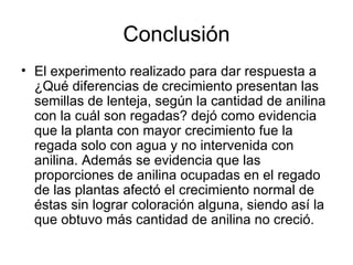 Conclusión El experimento realizado para dar respuesta a  ¿Qué diferencias de crecimiento presentan las semillas de lenteja, según la cantidad de anilina con la cuál son regadas? dejó como evidencia que la planta con mayor crecimiento fue la regada solo con agua y no intervenida con anilina. Además se evidencia que las proporciones de anilina ocupadas en el regado de las plantas afectó el crecimiento normal de éstas sin lograr coloración alguna, siendo así la que obtuvo más cantidad de anilina no creció.  
