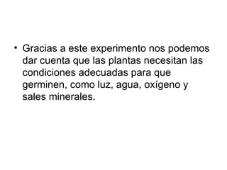 Gracias a este experimento nos podemos dar cuenta que las plantas necesitan las condiciones adecuadas para que germinen, como luz, agua, oxígeno y sales minerales.  