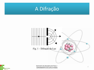 A Difração




Fig. 1 – Difração da Luz




   Seminário da disciplina de Física –
                                         7
   EXPERIMENTO DA DUPLA FENDA
 