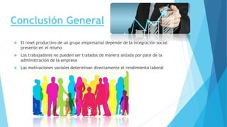 Conclusión General
 El nivel productivo de un grupo empresarial depende de la integración social
presente en el mismo
 Los trabajadores no pueden ser tratados de manera aislada por pate de la
administración de la empresa
 Las motivaciones sociales determinan directamente el rendimiento laboral
 