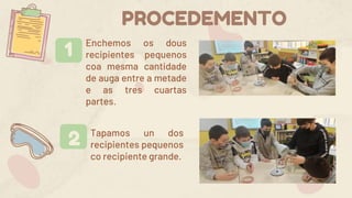 PROCEDEMENTO
1
2
Enchemos os dous
recipientes pequenos
coa mesma cantidade
de auga entre a metade
e as tres cuartas
partes.
Tapamos un dos
recipientes pequenos
co recipiente grande.
 