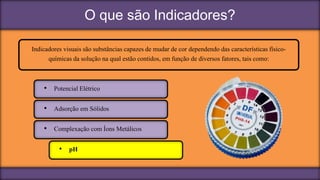 O que são Indicadores?
Indicadores visuais são substâncias capazes de mudar de cor dependendo das características físico-
químicas da solução na qual estão contidos, em função de diversos fatores, tais como:
• Potencial Elétrico
• Adsorção em Sólidos
• Complexação com Íons Metálicos
• pH
 