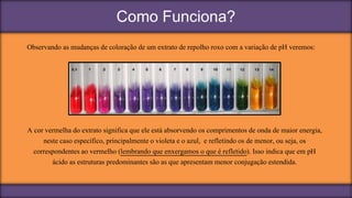 Como Funciona?
Observando as mudanças de coloração de um extrato de repolho roxo com a variação de pH veremos:
A cor vermelha do extrato significa que ele está absorvendo os comprimentos de onda de maior energia,
neste caso específico, principalmente o violeta e o azul, e refletindo os de menor, ou seja, os
correspondentes ao vermelho (lembrando que enxergamos o que é refletido). Isso indica que em pH
ácido as estruturas predominantes são as que apresentam menor conjugação estendida.
 