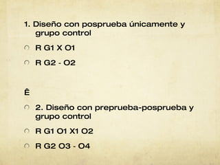 1. Diseño con posprueba únicamente y grupo control R G1 X O1 R G2 ‐ O2   2. Diseño con preprueba-posprueba y grupo control R G1 O1 X1 O2 R G2 O3 ‐ O4 