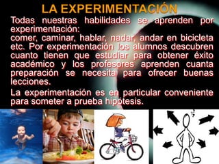 LA EXPERIMENTACIÓN	Todas nuestras habilidades se aprenden por experimentación: comer, caminar, hablar, nadar, andar en bicicleta etc. Por experimentación los alumnos descubren cuanto tienen que estudiar para obtener éxito académico y los profesores aprenden cuanta preparación se necesita para ofrecer buenas lecciones.	La experimentación es en particular conveniente para someter a prueba hipótesis.