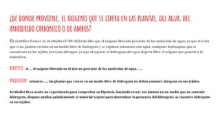 ¿de donde proviene, el oxigeno que se libera en las plantas, del agua, del
anhidrido carbonico o de ambos?
el cientifico frances m. berthollet (1748-1822) decidio que el oxigeno liberado proviene de las moleculas de agua, ya que el creia
que si las plantas crecian en un medio libre de hidrogeno y se regaban solamente con agua, cualquier hidroogeno que se
encontrara en los tejidos provenia del agua. ya que al separar el hidrogeno del agua dejaria libre el oxigeno que pasaria a la
atmosfera.
hipotesis: si… el oxígeno liberado en el aire no proviene de las moléculas de agua…..
prediccion: entonces….. las plantas que crecen en un medio libre de hidrogeno no deben contener idrogeno en sus tejidos.
berthollet llevo acabo un experimento para comprobar su hipotesis, haciendo crecer sus plantas en un medio que no contenia
hidrogeno. despues analizo quimicamente el material vegetal para determinar la presencia del hidrogeno. se encontro hidrogeno
en los tejidos.
 