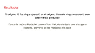 Resultados
El oxígeno 18 fue el que apareció en el oxígeno liberado, ninguno apareció en el
carbohidrato producido.
Dando la razón a Berthollet como a Van Niel, donde decía que el oxígeno
liberado, provenía de las moléculas de agua.
 