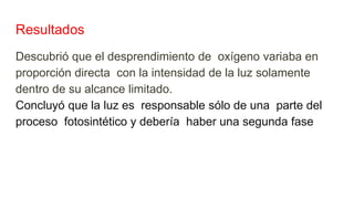 Resultados
Descubrió que el desprendimiento de oxígeno variaba en
proporción directa con la intensidad de la luz solamente
dentro de su alcance limitado.
Concluyó que la luz es responsable sólo de una parte del
proceso fotosintético y debería haber una segunda fase
 