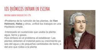 LOS QUÍMICOS ENTRAN EN ESCENA.
Antoine Laurent Lavoisier 1743-1794
-Problema de la nutrición de las plantas, de Van
Helmont, Hales y otros, unificó los trabajos en una
Hipótesis simple.
-Interesado en sustancias que usaba la planta:
agua, tierra y gases.
Hizo énfasis en el problema al establecer: Las
plantas obtienen el material para su crecimiento ya
sea del agua y de pequeñas cantidades de tierra, o
del aire que rodea a la planta
 