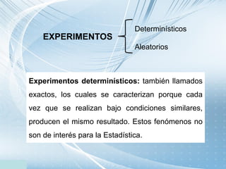 EXPERIMENTOS
Determinísticos
Aleatorios
Experimentos determinísticos: también llamados
exactos, los cuales se caracterizan...