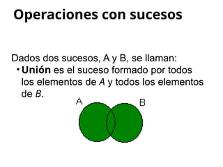 Operaciones con sucesos
Dados dos sucesos, A y B, se llaman:
• Unión es el suceso formado por todos
los elementos de A y todos los elementos
de B.
 