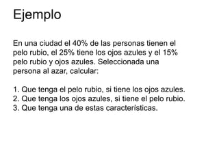 Ejemplo
En una ciudad el 40% de las personas tienen el
pelo rubio, el 25% tiene los ojos azules y el 15%
pelo rubio y ojos azules. Seleccionada una
persona al azar, calcular:
1. Que tenga el pelo rubio, si tiene los ojos azules.
2. Que tenga los ojos azules, si tiene el pelo rubio.
3. Que tenga una de estas características.
 