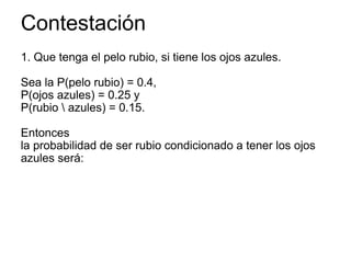 Contestación
1. Que tenga el pelo rubio, si tiene los ojos azules.
Sea la P(pelo rubio) = 0.4,
P(ojos azules) = 0.25 y
P(rubio  azules) = 0.15.
Entonces
la probabilidad de ser rubio condicionado a tener los ojos
azules será:
 