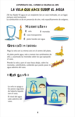 Materiales:
1 plato hondo con agua
Procedimiento:
Pega la vela con su misma cera en el centro del plato.
Al plato ponle agua, más o menos tres centímetros de
alto, y acomoda las monedas sobre las que apoyarás
el vaso.
Prende la vela y pon el vaso boca abajo, sobre las
monedas, cubriéndola, cuidando que pueda pasar el
agua adentro del vaso.
La vela que hace subir el agua
Experimenta con... cambios de volumen del aire
¿Te has fijado? El agua en un recipiente (en un vaso inclinado, en un lago)
siempre está horizontal.
La combustión se da en presencia de aire, más específicamente de oxígeno.
1 vela
1 vaso transparente
3 monedas
¡
¡
O
s
e
r
v
a
!
b
!
La vela se apaga a
los pocos segundos
de haberla tapado
con el vaso.
El nivel del agua
sube adentro del
vaso.
¿ ué pa
Q só?
5
 
