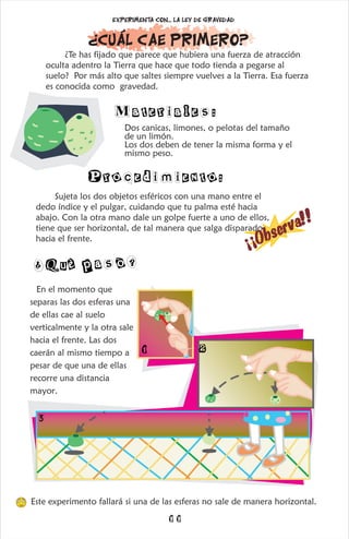Materiales:
¿Te has fijado que parece que hubiera una fuerza de atracción
oculta adentro la Tierra que hace que todo tienda a pegarse al
suelo? Por más alto que saltes siempre vuelves a la Tierra. Esa fuerza
es conocida como gravedad.
Dos canicas, limones, o pelotas del tamaño
de un limón.
Los dos deben de tener la misma forma y el
mismo peso.
Procedimiento:
¿cuál cae primero?
Experimenta con... La ley de gravedad
Sujeta los dos objetos esféricos con una mano entre el
dedo índice y el pulgar, cuidando que tu palma esté hacia
abajo. Con la otra mano dale un golpe fuerte a uno de ellos,
tiene que ser horizontal, de tal manera que salga disparado
hacia el frente. b
!
¡
¡
O
s
e
r
v
a
!
¿Què p sò?
a
En el momento que
separas las dos esferas una
de ellas cae al suelo
verticalmente y la otra sale
hacia el frente. Las dos
caerán al mismo tiempo a
pesar de que una de ellas
recorre una distancia
mayor.
Este experimento fallará si una de las esferas no sale de manera horizontal.
1 2
3
11
 