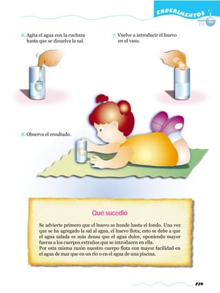 EXPERI M E N T O S


6. Agita el agua con la cuchara            7. Vuelve a introducir el huevo
   hasta que se disuelva la sal.              en el vaso.




8. Observa el resultado.




                                   Qué sucedió
        Se advierte primero que el huevo se hunde hasta el fondo. Una vez
        que se ha agregado la sal al agua, el huevo flota; esto se debe a que
        el agua salada es más densa que el agua dulce, oponiendo mayor
        fuerza a los cuerpos extraños que se introducen en ella.
        Por esta misma razón nuestro cuerpo flota con mayor facilidad en
        el agua de mar que en un río o en el agua de una piscina.




                                                                                739
 