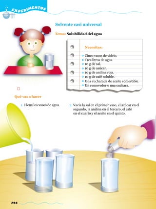 E X P E R IMENTOS


                             Solvente casi universal

                             Tema: Solubilidad del agua


                                               Necesitas:

                                               Cinco vasos de vidrio.
                                               Tres litros de agua.
                                               10 g de sal.
                                               10 g de azúcar.
                                               10 g de anilina roja.
                                               10 g de café soluble.
                                               Una cucharada de aceite comestible.
                                               Un removedor o una cuchara.


 Qué vas a hacer

      1. Llena los vasos de agua.    2. Vacía la sal en el primer vaso, el azúcar en el
                                        segundo, la anilina en el tercero, el café
                                        en el cuarto y el aceite en el quinto.




746
 
