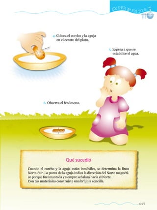 EX PER IM EN TO S




                 4. Coloca el corcho y la aguja
                    en el centro del plato.

                                                       5. Espera a que se
                                                          estabilice el agua.




          6. Observa el fenómeno.




                          Qué sucedió
Cuando el corcho y la aguja están inmóviles, se determina la línea
Norte-Sur. La punta de la aguja indica la dirección del Norte magnéti-
co porque fue imantada y siempre señalará hacia el Norte.
Con tus materiales construiste una brújula sencilla.




                                                                            649
 