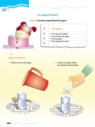 E X P E R IMENTOS


                               La aguja flotante

                        Tema: Tensión superficial del agua


                                            Necesitas:

                                            Un vaso de vidrio.
                                            1/4 de litro de agua.
                                            Un tenedor.
                                            Una aguja de coser.




 Qué vas a hacer

 1. Llena el vaso con agua.                     2. Coloca la aguja sobre
                                                   los dientes del tenedor.




748
 