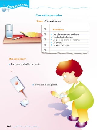 E X P E R IMENTOS


                             Con aceite no vuelan

                              Tema: Contaminación


                                               Necesitas:

                                               Dos plumas de ave medianas.
                                               Una borla de algodón.
                                               Un poco de aceite lubricante.
                                               Un gotero.
                                               Un vaso con agua.




 Qué vas a hacer

 1. Impregna el algodón con aceite.




                          2. Frota con él una pluma.




762
 