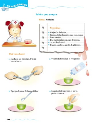 E X P E R IMENTOS


                                  Jabón que sangra

                                        Tema: Mezclas



                                                 Necesitas:

                                                 Un jabón de baño.
                                                 Tres pastillas laxantes que contengan
                                                 fenolftaleína.
                                                 Dos cucharadas soperas de metal.
                                                 20 ml de alcohol.
                                                 Un recipiente pequeño de plástico.



  Qué vas a hacer

 1. Machaca las pastillas. Utiliza               2. Vierte el alcohol en el recipiente.
    las cucharas.




 3. Agrega el polvo de las pastillas.            4. Mezcla el alcohol con el polvo
                                                    perfectamente.




766
 