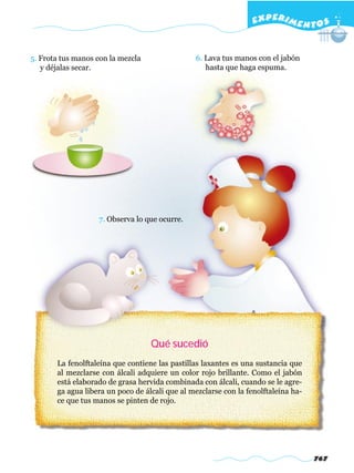 EXPERI M E N T O S


5. Frota tus manos con la mezcla                6. Lava tus manos con el jabón
   y déjalas secar.                                hasta que haga espuma.




                   7. Observa lo que ocurre.




                                   Qué sucedió
       La fenolftaleína que contiene las pastillas laxantes es una sustancia que
       al mezclarse con álcali adquiere un color rojo brillante. Como el jabón
       está elaborado de grasa hervida combinada con álcali, cuando se le agre-
       ga agua libera un poco de álcali que al mezclarse con la fenolftaleína ha-
       ce que tus manos se pinten de rojo.




                                                                                    767
 