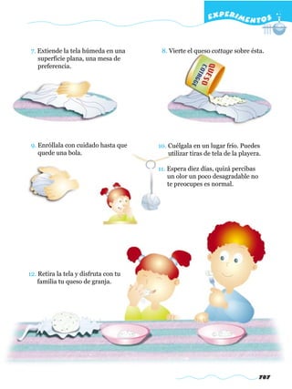 EXPERI M E N T O S


 7. Extiende la tela húmeda en una      8. Vierte el queso cottage sobre ésta.
    superficie plana, una mesa de
    preferencia.




 9. Enróllala con cuidado hasta que    10. Cuélgala en un lugar frío. Puedes
    quede una bola.                        utilizar tiras de tela de la playera.

                                       11. Espera diez días, quizá percibas
                                           un olor un poco desagradable no
                                           te preocupes es normal.




12. Retira la tela y disfruta con tu
    familia tu queso de granja.




                                                                               787
 