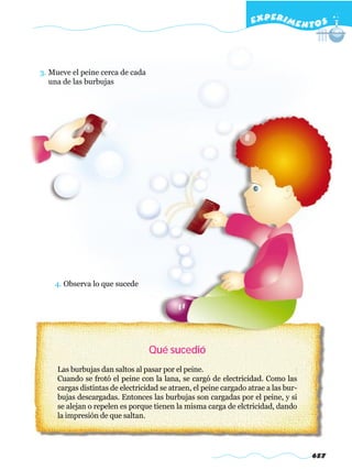 EXPERI M E N T O S



3. Mueve el peine cerca de cada
   una de las burbujas




    4. Observa lo que sucede




                                  Qué sucedió
     Las burbujas dan saltos al pasar por el peine.
     Cuando se frotó el peine con la lana, se cargó de electricidad. Como las
     cargas distintas de electricidad se atraen, el peine cargado atrae a las bur-
     bujas descargadas. Entonces las burbujas son cargadas por el peine, y si
     se alejan o repelen es porque tienen la misma carga de elctricidad, dando
     la impresión de que saltan.




                                                                                     657
 