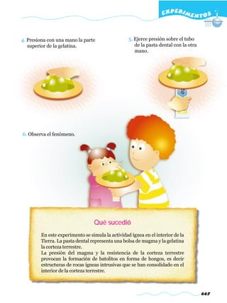 EXPERI M E N T O S


4. Presiona con una mano la parte                 5. Ejerce presión sobre el tubo
   superior de la gelatina.                          de la pasta dental con la otra
                                                     mano.




6. Observa el fenómeno.




                                 Qué sucedió
        En este experimento se simula la actividad ígnea en el interior de la
        Tierra. La pasta dental representa una bolsa de magma y la gelatina
        la corteza terrestre.
        La presión del magma y la resistencia de la corteza terrestre
        provocan la formación de batolitos en forma de hongos, es decir
        estructuras de rocas ígneas intrusivas que se han consolidado en el
        interior de la corteza terrestre.



                                                                                      667
 