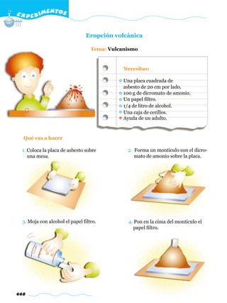 E X P E R IMENTOS


                                 Erupción volcánica

                                   Tema: Vulcanismo


                                              Necesitas:

                                              Una placa cuadrada de
                                              asbesto de 20 cm por lado.
                                              100 g de dicromato de amonio.
                                              Un papel filtro.
                                              1/4 de litro de alcohol.
                                              Una caja de cerillos.
                                              Ayuda de un adulto.



  Qué vas a hacer

 1. Coloca la placa de asbesto sobre           2. Forma un montículo con el dicro-
    una mesa.                                     mato de amonio sobre la placa.




  3. Moja con alcohol el papel filtro.          4. Pon en la cima del montículo el
                                                   papel filtro.




668
 