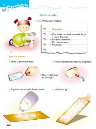 E X P E R IMENTOS


                                     Suelo rozado

                                Tema: Procesos erosivos


                                                 Necesitas:

                                                 Una tira de cartón de 40 cm de largo
                                                 y 10 cm de ancho.
                                                 Un frasco con talco.
                                                 Un vaso con agua.
                                                 Un gotero.




 Qué vas a hacer

 1. Llena el gotero con agua.                    2. Presiona lentamente la goma del gotero.




                                    3. Observa la forma
                                       de cada gota.




 4. Esparce talco sobre la tira de cartón.       5. Inclínala a 45°.




672
 