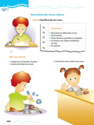 E X P E R IMENTOS


                         Descubriendo rocas calizas

                           Tema: Clasificación de rocas



                                            Necesitas:

                                            Muestras de diferentes rocas.
                                            Una brocha.
                                            Cinco limones partidos en mitades.
                                            Un frasco con ácido clorhídrico
                                            al 10%.
                                            Un gotero.




  Qué vas a hacer

 1. Limpia con la brocha el polvo             2. Coloca las rocas sobre una mesa.
   o tierra de todas las rocas.




676
 