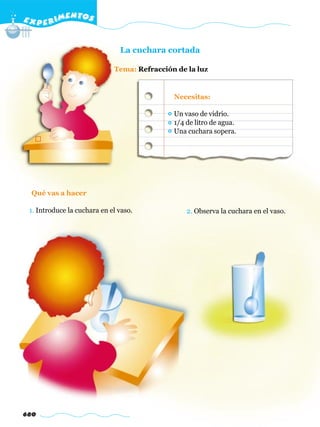 E X P E R IMENTOS


                               La cuchara cortada

                             Tema: Refracción de la luz


                                             Necesitas:

                                             Un vaso de vidrio.
                                             1/4 de litro de agua.
                                             Una cuchara sopera.




  Qué vas a hacer

 1. Introduce la cuchara en el vaso.             2. Observa la cuchara en el vaso.




680
 