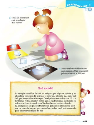 EXPERI M E N T O S



3. Trata de identificar
   cuál se calienta
   más rápido.




                                                        4. Pon un cubito de hielo sobre
                                                           cada cuadro. ¿Cuál se derritió
                                                           primero? ¿Cuál al último?




                               Qué sucedió
      La energía calorífica del Sol es reflejada por algunos colores y es
      absorbida por otros. El negro es el color que absorbe más calor del
      Sol, por lo que el cuadro negro fue el primero en calentarse. El co-
      lor blanco refleja el calor, por lo que el cuadro blanco tardó más en
      calentarse. Los otros colores sólo absorben un mínimo de calor.
      La energía del Sol puede atraparse en paneles solares que se fabri-
      can de material negro, que como ahora sabes es el más adecuado
      para absorber los rayos del Sol.




                                                                                   685
 