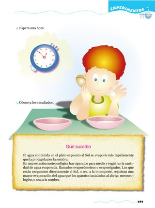 EXPERI M E N T O S



4. Espera una hora.




5. Observa los resultados.




                                 Qué sucedió
     El agua contenida en el plato expuesto al Sol se evaporó más rápidamente
     que la protegida por la sombra.
     En una estación meteorológica hay aparatos para medir y registrar la canti-
     dad de agua evaporada, llamados evaporómetros o evaporógrafos. Los que
     están exspuestos directamente al Sol, o sea, a la intemperie, registran una
     mayor evaporación del agua que los aparatos instalados al abrigo meteoro-
     lógico, o sea, a la sombra.




                                                                                   691
 