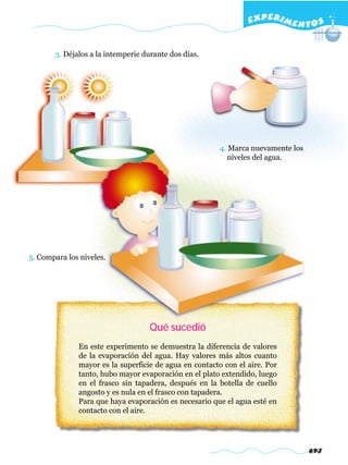 EXPERI M E N T O S


       3. Déjalos a la intemperie durante dos días.




                                                        4. Marca nuevamente los
                                                           niveles del agua.




5. Compara los niveles.




                                   Qué sucedió
              En este experimento se demuestra la diferencia de valores
              de la evaporación del agua. Hay valores más altos cuanto
              mayor es la superficie de agua en contacto con el aire. Por
              tanto, hubo mayor evaporación en el plato extendido, luego
              en el frasco sin tapadera, después en la botella de cuello
              angosto y es nula en el frasco con tapadera.
              Para que haya evaporación es necesario que el agua esté en
              contacto con el aire.




                                                                                  693
 