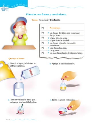 EX P E R I EN TO S
          M


                      Planetas con forma y movimiento

                            Tema: Rotación y traslación


                                             Necesitas:

                                            Un frasco de vidrio con capacidad
                                            de 1/2 litro.
                                            1/4 de litro de agua.
                                            1/4 de litro de alcohol.
                                            Un frasco pequeño con aceite
                                            comestible.
                                            10 g de anilina roja.
                                            Un gotero.
                                            Un alambre delgado de 15 cm de largo.

 Qué vas a hacer

 1. Mezcla el agua y el alcohol en          2. Agrega la anilina al aceite.
    el frasco grande.




 3. Remueve el aceite hasta que              3. Llena el gotero con aceite.
    adquiera una tonalidad rojiza.




644
 