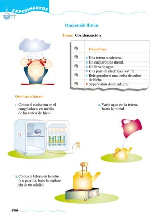 E X P E R IMENTOS


                                       Haciendo lluvia

                                      Tema: Condensación


                                                  Necesitas:

                                                  Una tetera o cafetera.
                                                  Un cucharón de metal.
                                                  Un litro de agua.
                                                  Una parrilla eléctrica o estufa.
                                                  Refrigerador o una bolsa de cubos
                                                  de hielo.
                                                  Supervisión de un adulto.


 Qué vas a hacer

 1. Coloca el cucharón en el                           2. Vacía agua en la tetera,
    congelador o en medio                                 hasta la mitad.
    de los cubos de hielo.




 3. Coloca la tetera en la estu-
    fa o parrilla, bajo la vigilan-
    cia de un adulto.




700
 