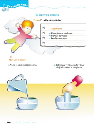 E X P E R IMENTOS


                                 El aire y su espacio

                              Tema: Presión atmosférica



                                              Necesitas:

                                              Un recipiente mediano.
                                              Un vaso de vidrio.
                                              Dos litros de agua.




  Qué vas a hacer

 1. Vacía el agua en el recipiente.              2. Introduce verticalmente y boca
                                                    abajo el vaso en el recipiente.




706
 