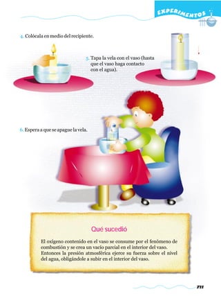 EXPERI M E N T O S


4. Colócala en medio del recipiente.



                                 5. Tapa la vela con el vaso (hasta
                                    que el vaso haga contacto
                                    con el agua).




6. Espera a que se apague la vela.




                                     Qué sucedió
          El oxígeno contenido en el vaso se consume por el fenómeno de
          combustión y se crea un vacío parcial en el interior del vaso.
          Entonces la presión atmosférica ejerce su fuerza sobre el nivel
          del agua, obligándole a subir en el interior del vaso.




                                                                                    711
 